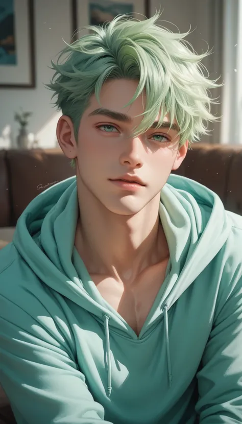 light green hair male, focus face, wearing hoodie