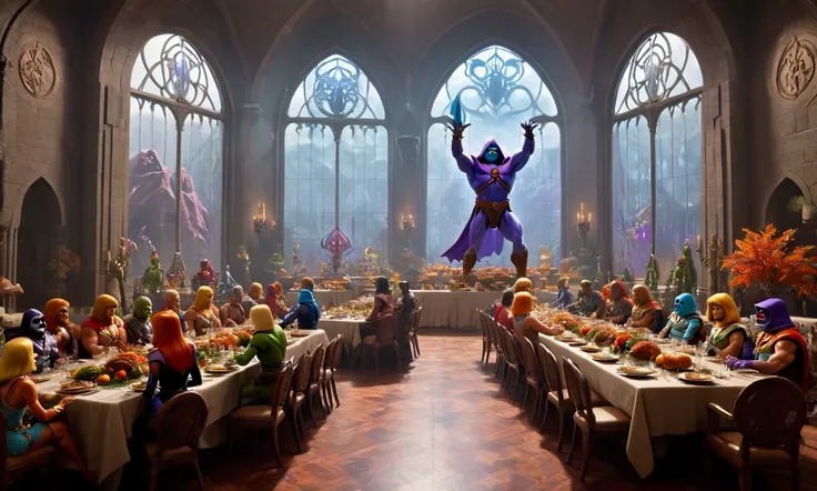 (He Man and the Masters of the Universe) He-Man, Teela, Orko, and several other good guy Eternians are celebrating thanksgiving in a large banquet hall. Skeletor plots outside window
