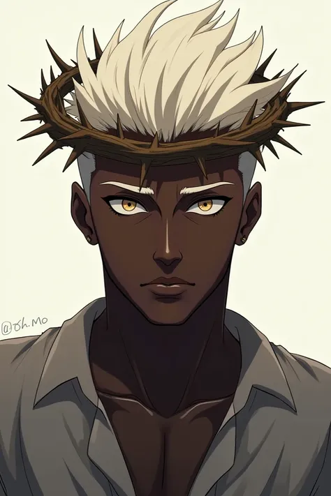 A tall, fit Black man with vitiligo, beige eyes, and white hair. He is wearing a crown of thorns and has a serene, confident expression. The background is minimalistic, with soft lighting that highlights his unique features, emphasizing a blend of strength...