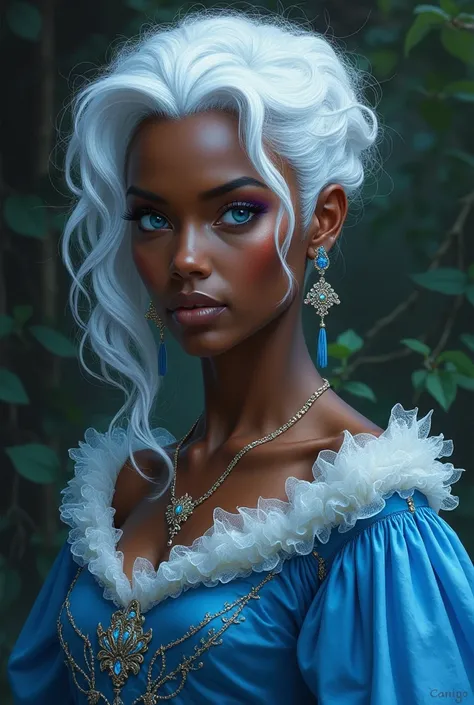 A woman with a dark skin, blue eyes, white hair in a jellyfish cut, using a blue medieval princess dress, realistic