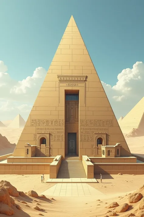 Create it for me an architectural composition for architecture of a pyramid with all the architectural elements on a sheet double letter in drawing