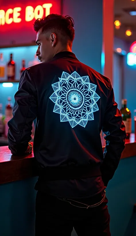 A dynamic 8k resolution photograph of a slim Indian man with an edgy charm, featuring a slick hairstyle and a studded leather bracelet. He leans casually against a neon-lit bar wall, his intense gaze hinting at rebellion. He wears a tailored bomber jacket ...