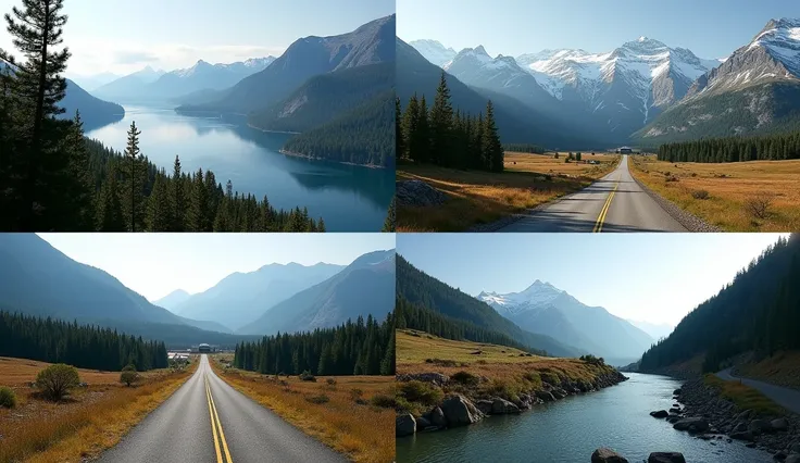 4 images . The first one shows the lake behind it, the mountains and the forest on the shore are on the left there are spruce trees . On the second mountain there is not much snow on it, the repeater is the road leading to it through the fir forest.  On th...