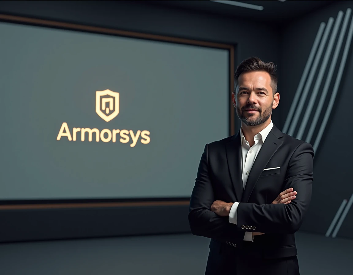  Create an image of a professional presenter that represents the ARMORSYS brand,  an electronic security company . he/The presenter / a must look reliable and elegant , dress/ a in a formal way with colors that match the brand identity  (negro, gold and si...