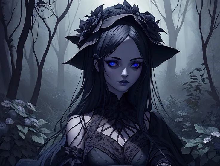 a girl sitting in a dark garden with black flowers, detailed face, blue eyes, long eyelashes, black dress, gothic style, dramatic lighting, chiaroscuro, moody atmosphere, dark fantasy, photorealistic, 8k, high quality, masterpiece