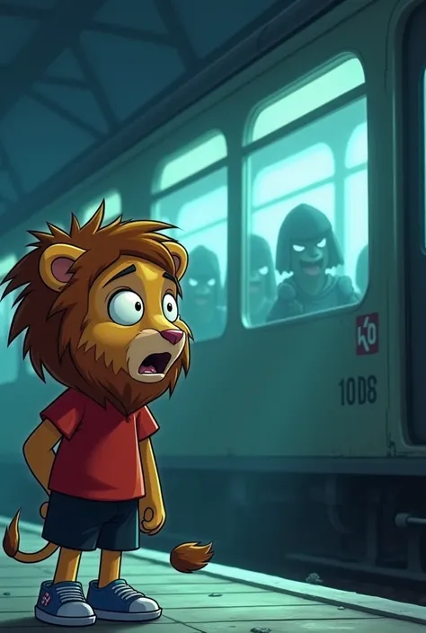 ## **5. Scene 5: The Ghostly Train with Empty Seats**
Prompt:  
"A cartoon lion character with a round face and large expressive eyes, wearing a red t-shirt, black shorts, and blue sneakers, stands in shock as the train finally arrives at the station. The ...