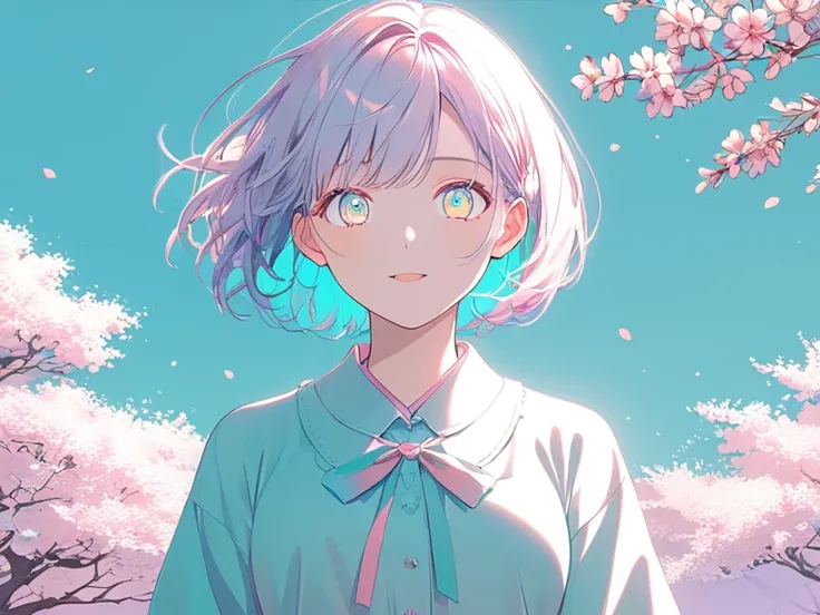 ((Halftone, front lighting, vivid color)),
Pastel color,
((Highly detailed beautiful woman, detailed facial expression, detailed eyes, full body)),
Short hair,
(Pale color, pastel color),
Background is spring scenery, cherry blossoms