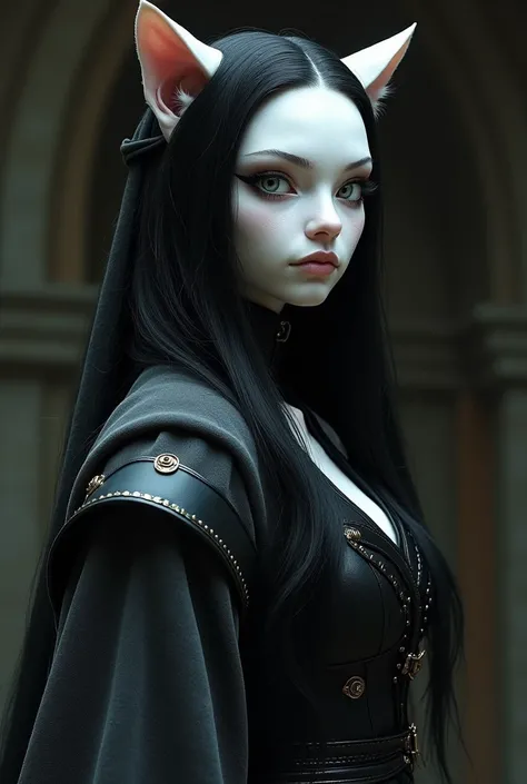 An albino human cat,corpo sexy,  LONG black hair,black eyes with white pupils, she wears a black blouse with a dark gray robe with some armor, gray scarf