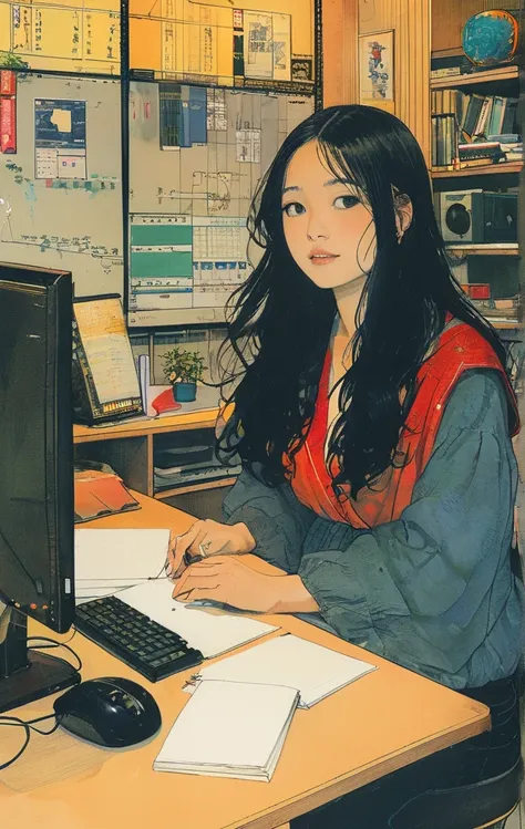 desk、woman、 Computer 、room、Late Night、Illustration、 long hair、