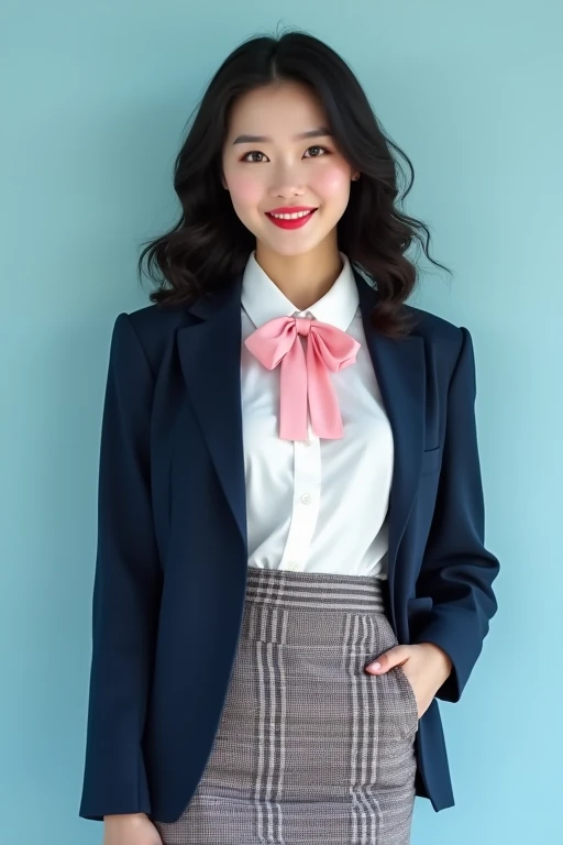 cowboy shot, 1 korean girl, black hair, wavy and voluminous hair, (white shirt), (navy blazer: 1.1), (checkered skirt), pensil skirt, thighs, (pink ribbon tie), big breasts, red lips, 20 years old, little smile, frontal view, a girl with a confident expres...