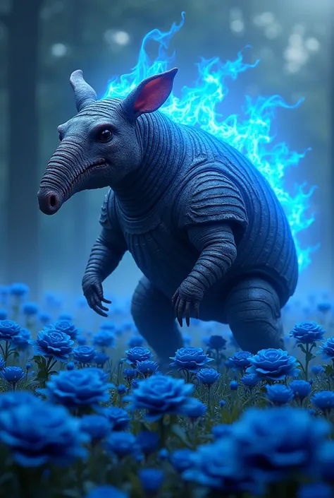 A humanized cachicamo with blue fire on a meadow with blue and black roses 