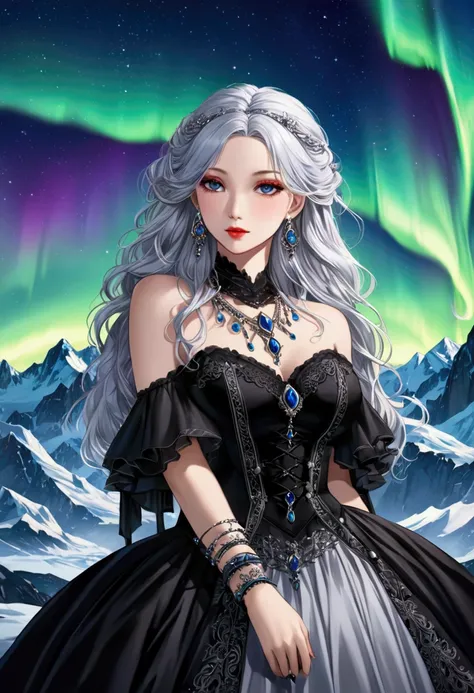 1 Girl， Wear vintage gothic clothes, Wearing a bracelet,  earrings and necklaces ,Silver Hair， disheveled hair,Half Body , Majestic snowy mountains 、Northern Lights、Icy glacier 、Exotic beauty 、 Beautiful fantasy painting 。Inspired by：Nene Thomas，(masterpie...