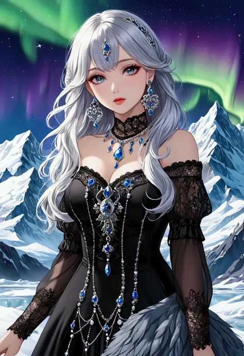 1 Girl， Wear vintage gothic clothes, Wearing a bracelet,  earrings and necklaces ,Silver Hair， disheveled hair,Half Body , Majestic snowy mountains 、Northern Lights、Icy glacier 、Exotic beauty 、 Beautiful fantasy painting 。Inspired by：Nene Thomas，(masterpie...