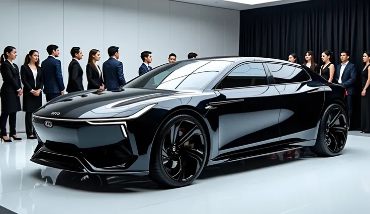 BYD shark in black colour at the showroom left view standing women around the car back ground with well dress 