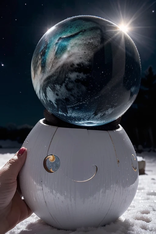 close up infinity curved long miniature retro card, marble galaxy, pattern-stains fluffy-shaped toy, fantasy gloss-shaped tropical heart with sky+moon inside, aesthetic, fabulous, photopoetry, hyperrealism, winter night, snow, ice, snowflakes