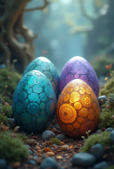 four fantasy eggs ,  of different colors ,  with different shapes in their shell.