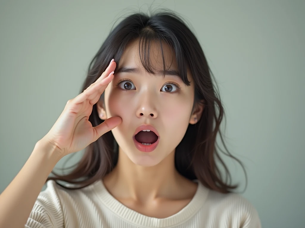 4K, a pretty young Japanese woman in her twenties with eyes wide open and a shocked expression on her face as if she is about to faint. Her eyes are upturned and white, and she has her hand on her forehead. The background is simple, emphasizing her exagger...