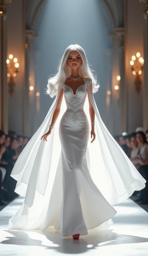 Barbie in a white dress on a catwalk, glamorous catwalk model, beautiful dress, white dress, flowing dress, fancy dress, fashion catwalk, haute couture! fashion!, dress, haute couture couture, white dress!! silver-haired, cloak. very high details, barbie a...