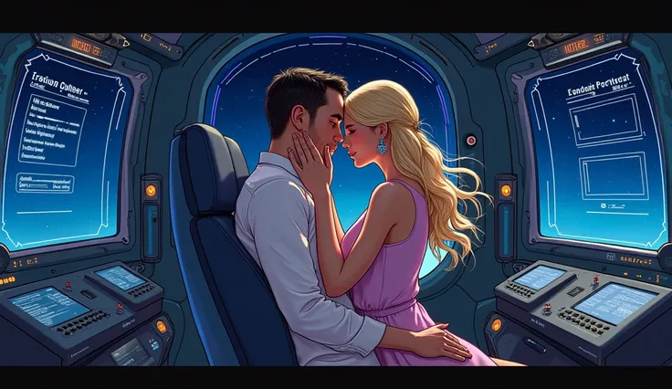  Love between a man and an AI with a womans body  , Precious , sexy , blonde,  ELECTRIC BLUE EYES ,  In the cockpit of a spaceship ,  floating through the universe ,  on the screens music creation programs .  Pixelart style 16 bit 