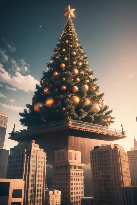 Christmas tree towers over a huge city