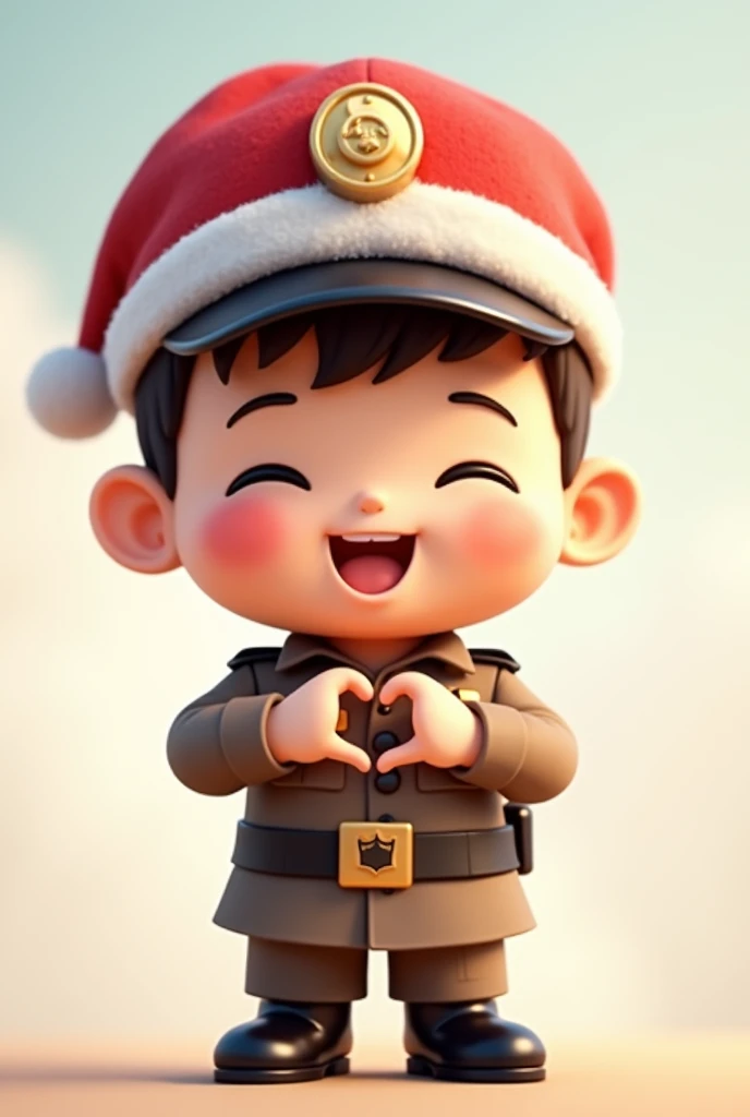 Chibi ตำรวจผู้ชาย, Cute Cartoon, wear brown police uniform, a sticker, wear red santa claus hat , light background, front view, lovely face , close eyes, heart hands pose, , 3d, super detail, high quality, 4K, HD, 