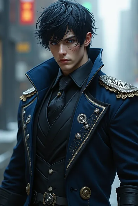 * Darkxen Yamashiro is a man with an athletic and robust complexion , with light skin, slightly disheveled dark hair ,  and deep blue eyes that give him an enigmatic look .  His face is marked by scars and a strong jaw , reflecting experience and hardness ...