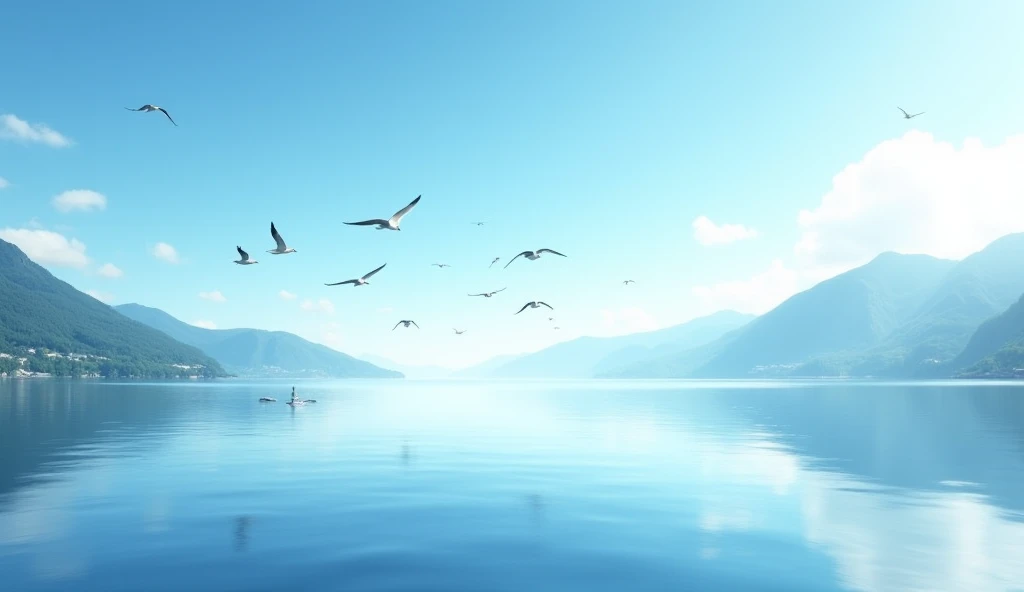  A calm ocean or lake with a clear sky, representing peace and stability . In the background some seagulls flying ,  plus in the background some green mountains 