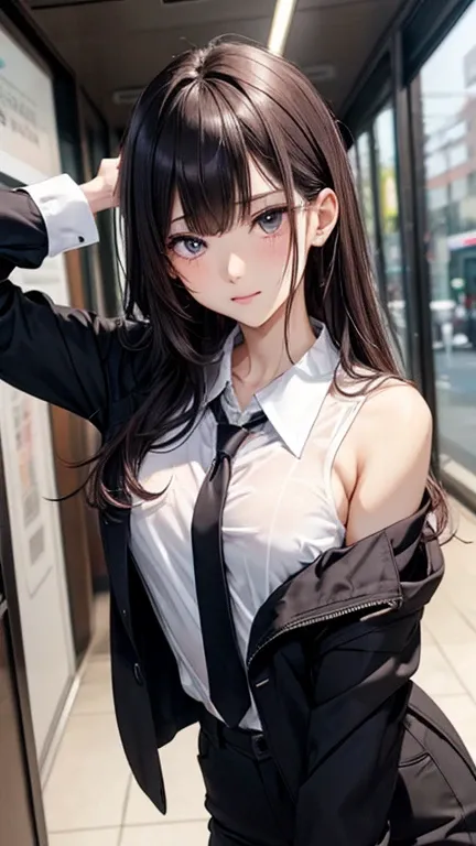 Business shirt  、Random  pose、chest up, 20-year-old woman、s lips:A sexy、Hair color: Dark brown、Translucent skin， the skin is fair 、Random Hairstyles、Medium hair、Moist eyes、Gentle eyes、、Slim and soft、Gentle look、the background is blurred ,  random eye color...