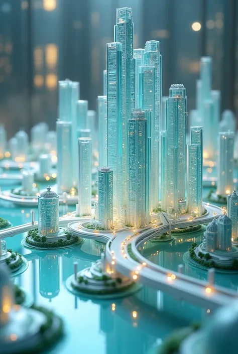 

“Close-up of a futuristic city model on a 50x50 cm base, entirely crafted from glass. Transparent skyscrapers with intricate details rise from the surface, connected by delicate glass skybridges. Streets are narrow glass pathways with glowing edges, desi...