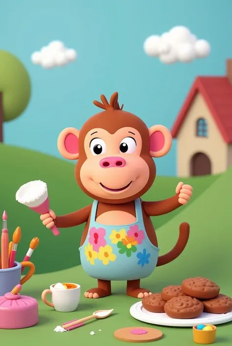 Make an anthropomorphic monkey in the animation style of the Peppa Pig cartoon, painter and bakers assistant no estilo de desenho Peppa Pig