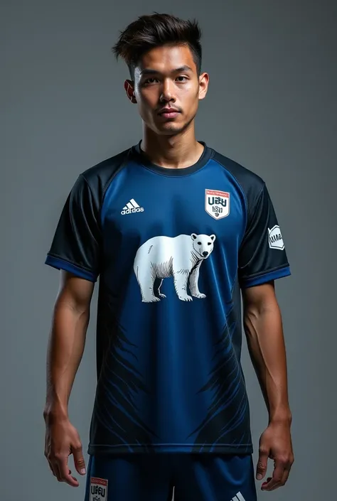  Send me a photo , Wearing dark blue team jersey with black ,  with black thunder details on the front ,  and with a white polar bear at the bottom of the front, and on the back written "UAI PRIMOS "