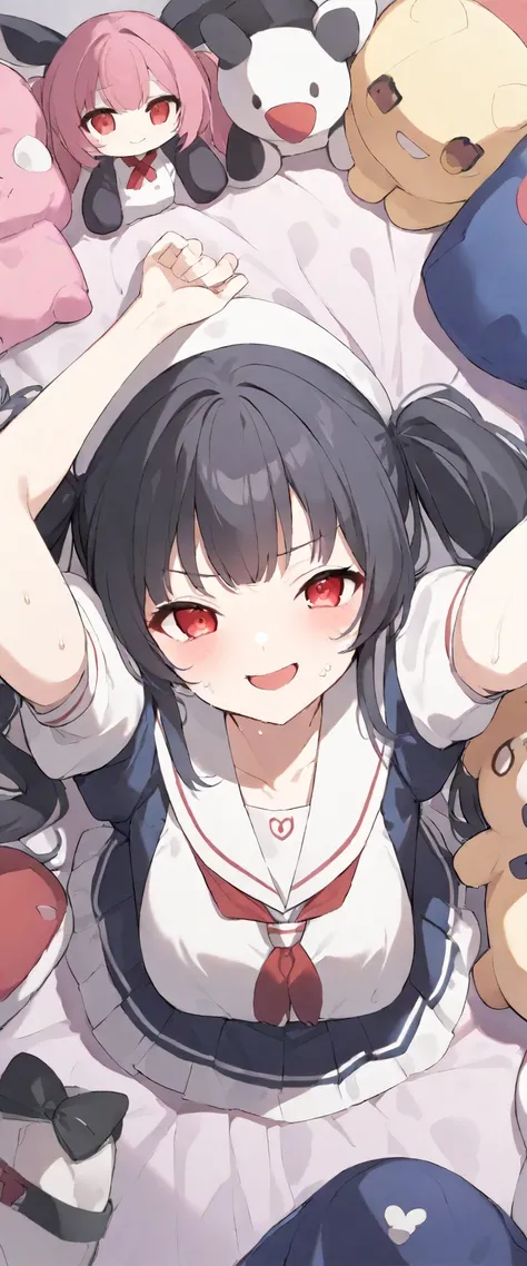 Black long hair， red eyes，Black rabbit ears ，Sailor Suit， in bed,((Supine)),whole body,(Overlooking camera ),Pillow, lots of plush toys,Love，Smile，Squint，sweat， correct human structure，Raise your arms 