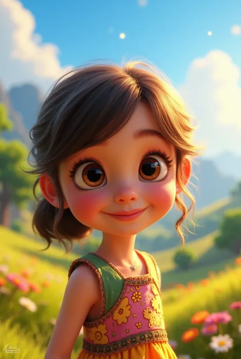 A young girl standing confidently in a vibrant, magical setting, embodying the enchanting Disney Pixar art style. She has large, expressive eyes filled with curiosity and wonder, her slightly wavy hair glowing in the warm sunlight as it cascades over her s...