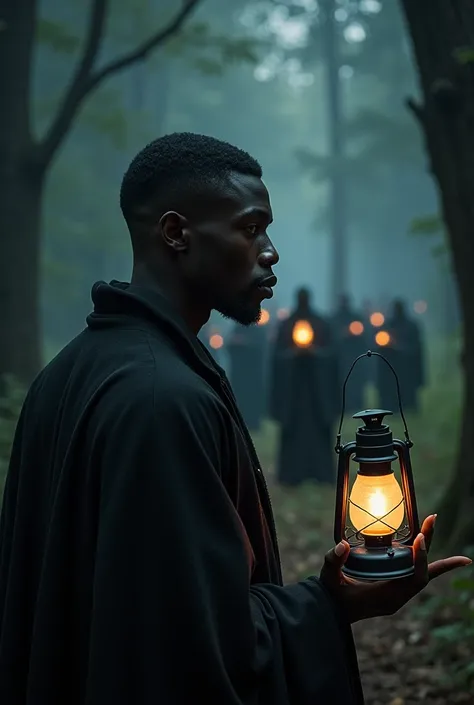 Black man ,with short hair,lantern in hand,peering at people performing dark ritual in the dark forest .Black society