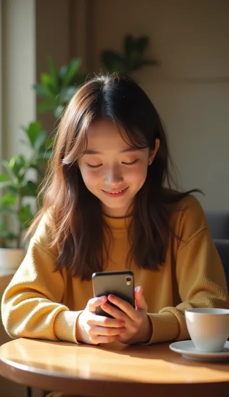 A cute 22 years old girl seet in the table and used the phone for smile face