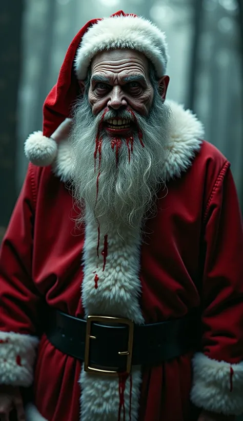 Santa Claus LICKED ,  BUT ITS BLOOD ON HIS CLOTHES AND A WASHED FACE AND WOODED BACKGROUND, THE ONE LOOKING AT THE CAMERA 
