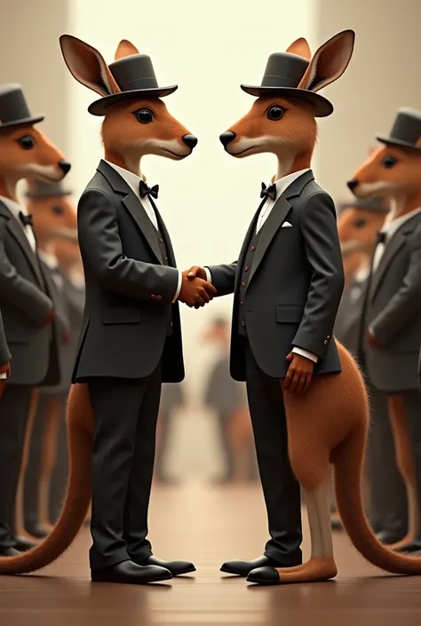 2 kangaroos in elegant suits tall , and hats greeting each other shaking hands, with shoes, And from the waist down humans both,  and many more kangaroos behind them shaking their right hands greeting each other