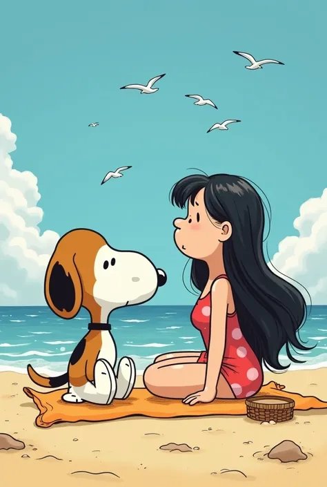 Snoopy on the beach next to a young woman with long black hair