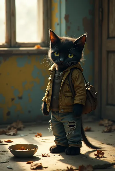 A sad, teary-eyed black kitten wearing a worn-out jacket and ripped jeans, carrying a small bag over his shoulder. The scene is set in an old, dilapidated room with peeling yellow and blue wallpaper. The kitten is standing near a rough wooden door, with a ...