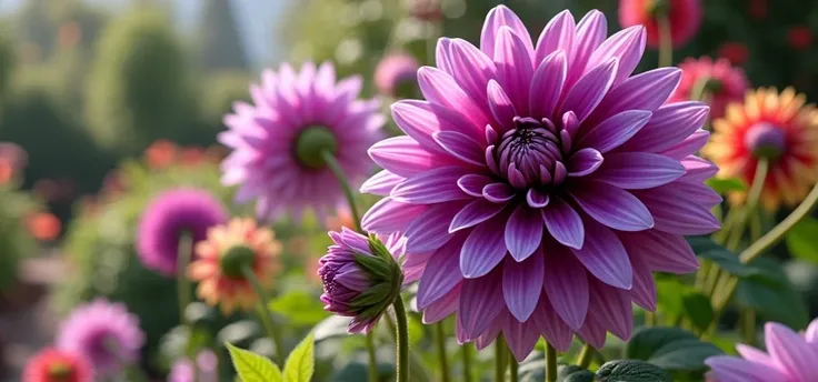 Generate a patio with flowers and in the middle a giant purple dahlia plant with several flowers in hd 4k 