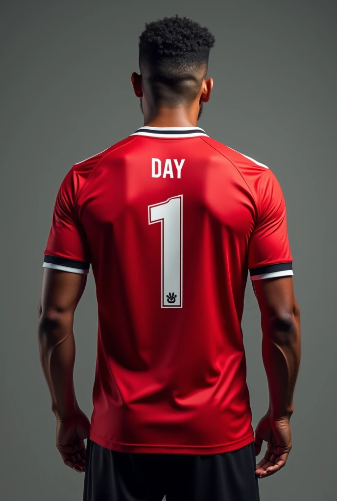 A person turns his back and wears a red football shirt with a number one behind him and his name is Day 1