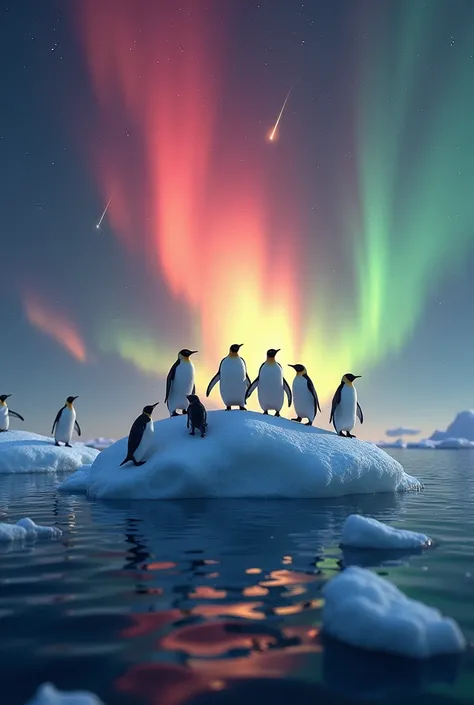 海に浮かぶ極小の流氷の上に１０ penguins are on top of a very small ice floe floating in the ocean :1.5、 there are penguins until the edge of the ice floe:1.5、Some penguins fall from ice to sea :1.5、(A sky full of stars、 A huge and mysterious aurora that shines red, yello...