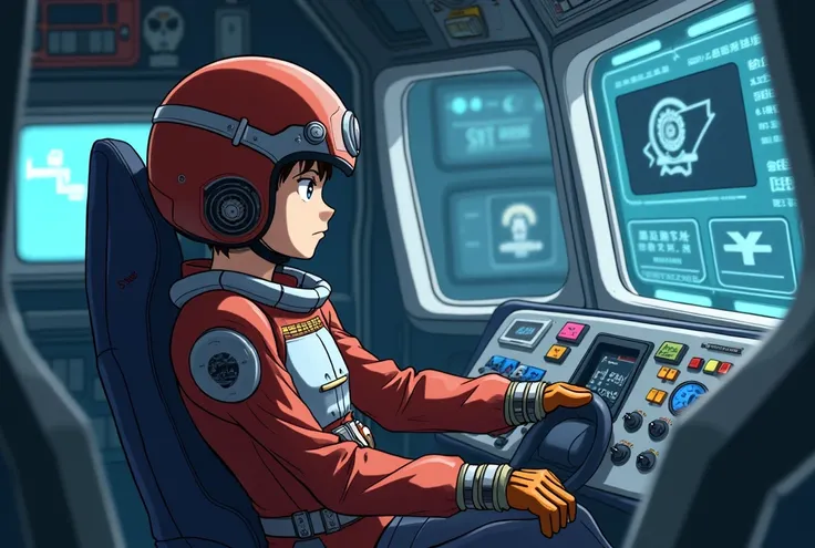 Create a scene inside the cockpit of a combining robot, with a single  boy seated in the pilot seat, controlling the robot. The boy wears a sentai hero-style pilot suit and a helmet. The suit has mechanical armor on the chest that functions as a life suppo...