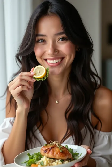 (photorealism:1.2),  beautiful woman posing for the photo, half body, smiling at the camera, Young Chilean woman eating vegan food
