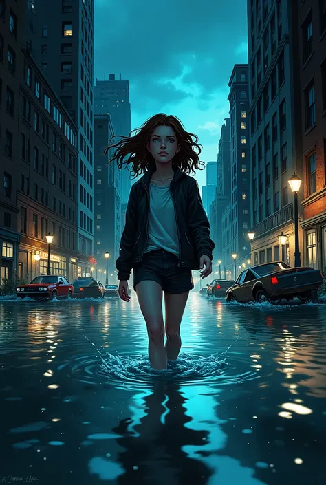 American comic book style drawing of an 18 year old Caucasian girl with freckles walking in water, blue eyes, a flooded Manhattan street at night, apocalyptic ambient background