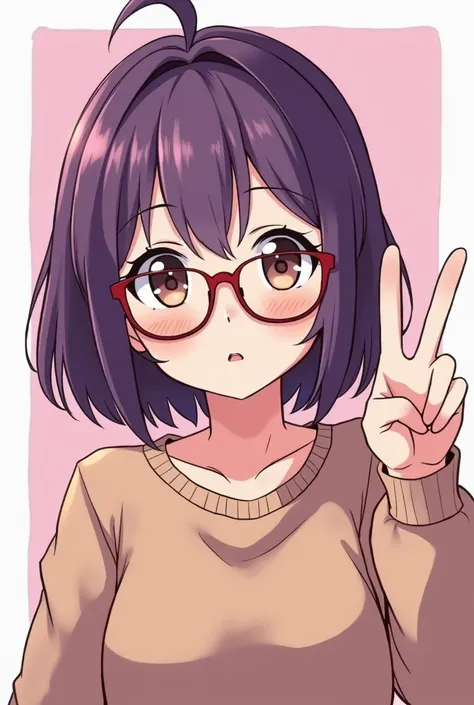 anime girl with purple hair and glasses making a peace sign, anime moe artstyle, yayoi kasuma, anime visual of a cute girl, marin kitagawa fanart, ( ( ( yoshinari yoh ) ) ), kaoru mori, hints of yayoi kasuma, nagatoro, yuuki hagure, tsukasa dokite, in an a...