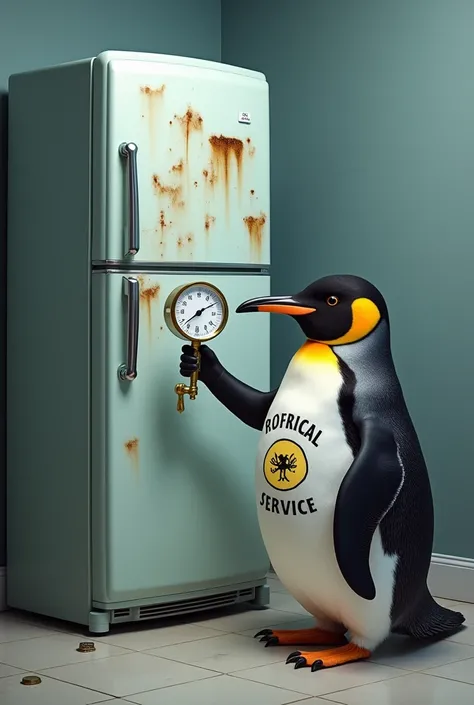  A penguin with a pressure gauge in his hand and in the other a parrotbill key, with a winged refrigerator as if you were fixing it , with the door open.  The penguin should have a strap on and a t-shirt that says  " technical service "