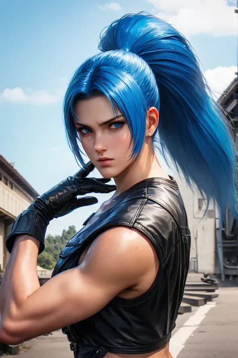 Leona, kof, military, gloves, blue eyes, ponytail BLUE hair, 1 woman