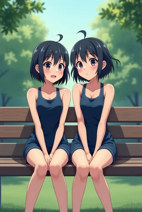 ((2 Japanese girls))、()、Dark blue school swimsuit、 short hair、 full body shot、Park bench、 smirk、 low angle、 super high definition 、8K、SLR image quality