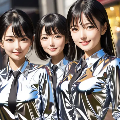 Japanese family buttoned in extremely tight shiny metallic blouse, Lens reflection, Reflected light, Are in town,  black hair, smile, Breasts, langes Haar, Necktie 